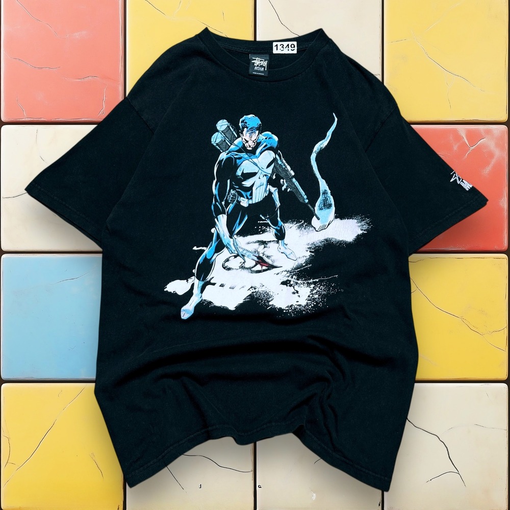 Vintage Stüssy x Marvel The Punisher T-Shirt Y2K Mens M Black 2011 Graphic Rare